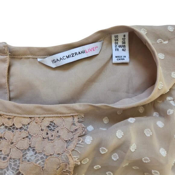 Isaac Mizrahi Women's Long Sleeve Blouse Size 8 Taupe Peasant Polka Dot Lace - Picture 4 of 9